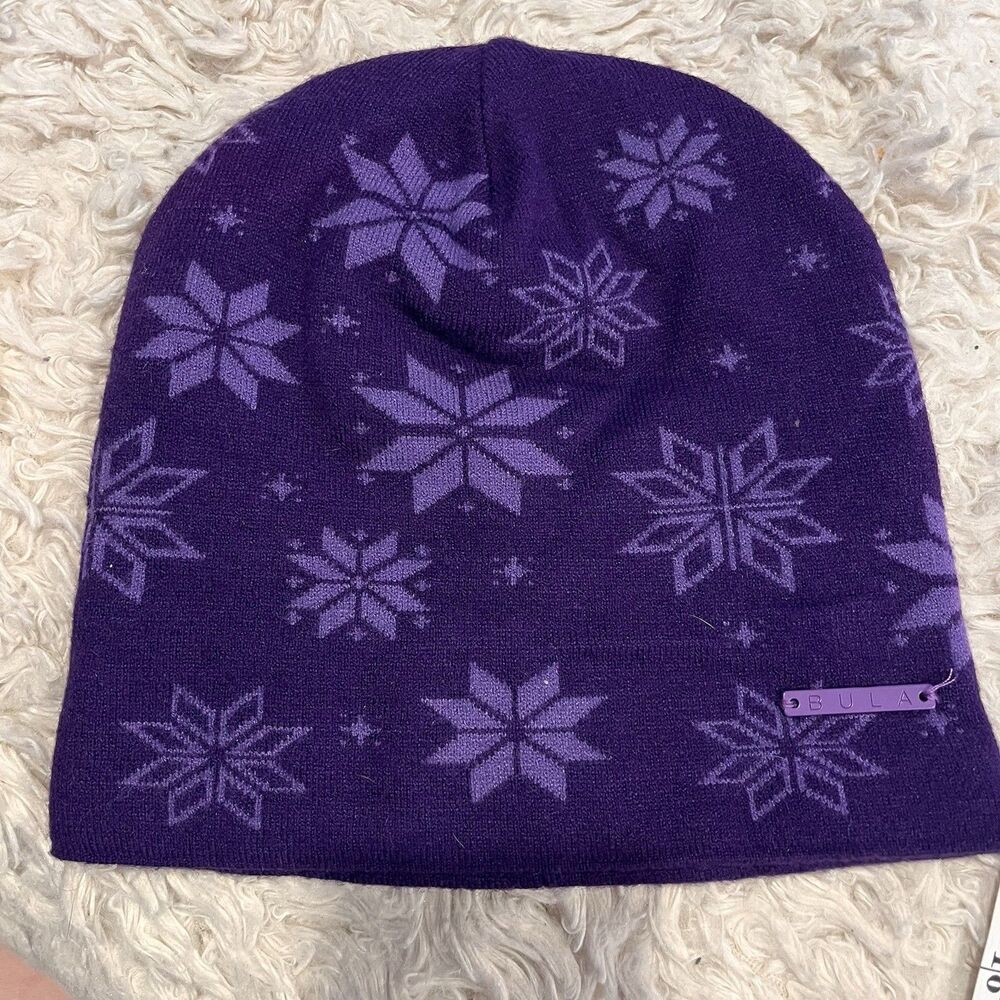 YOUTH KIDS BULA WINTER BEANIE Hat Purple Snowflakes Flowers Reversible NWT